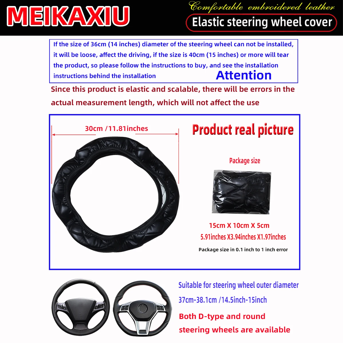 3D Embroidered Artificial Sheepskin PU Leather Steering Wheel Cover Rimless Universal Fit for 14.5-15 Inch Car Wheels