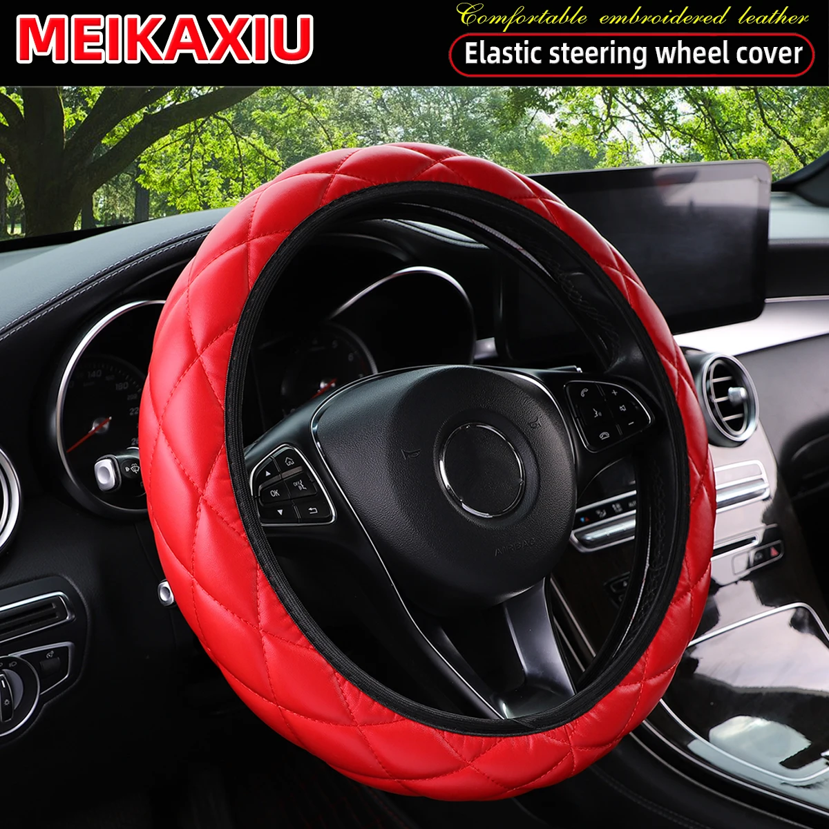 3D Embroidered Artificial Sheepskin PU Leather Steering Wheel Cover Rimless Universal Fit for 14.5-15 Inch Car Wheels