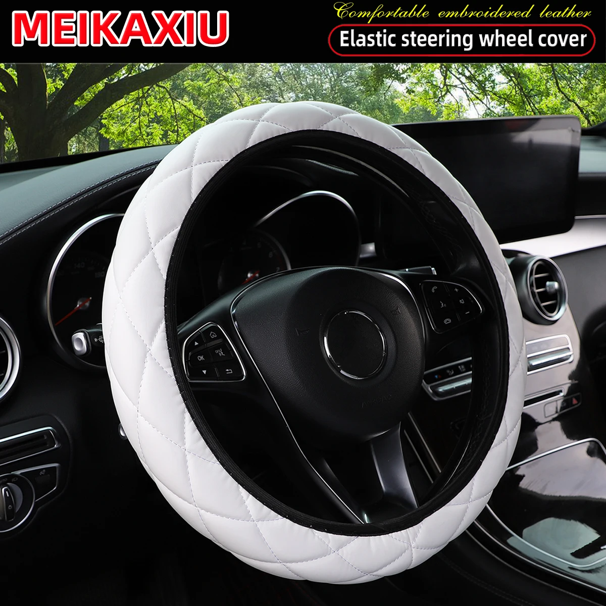 3D Embroidered Artificial Sheepskin PU Leather Steering Wheel Cover Rimless Universal Fit for 14.5-15 Inch Car Wheels
