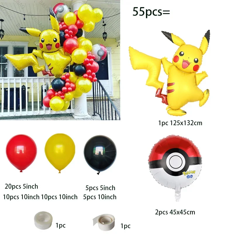 55pcs Pokemon Pikachu Balloon Garland Arch Kit Red Foil Balls for Kids Birthday Parties Baby Shower Decor Supplies