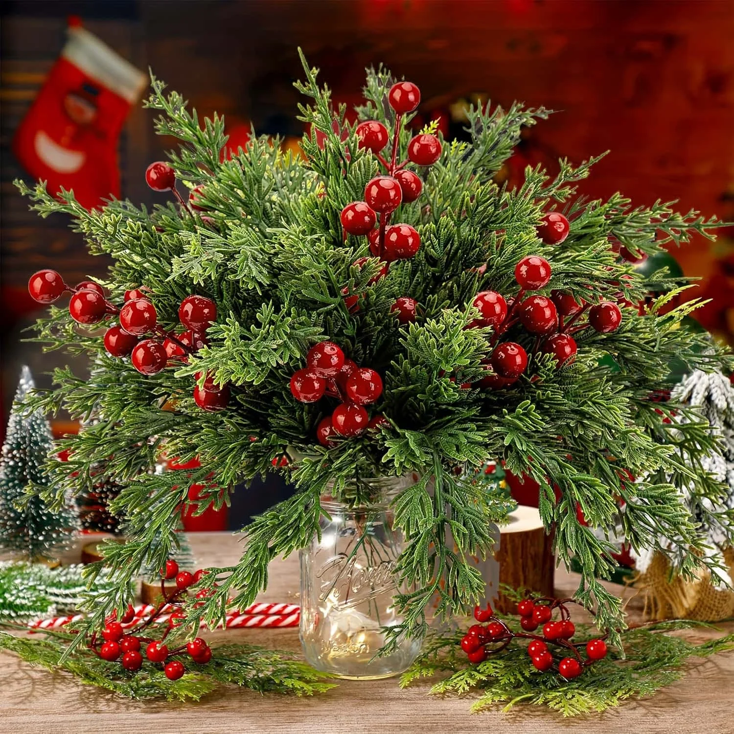 20/40/68pcs Christmas Decorative Flowers Red Berry Stems Artificial Pine Branches Fake Green Plant Pine Leaf Picks DIY