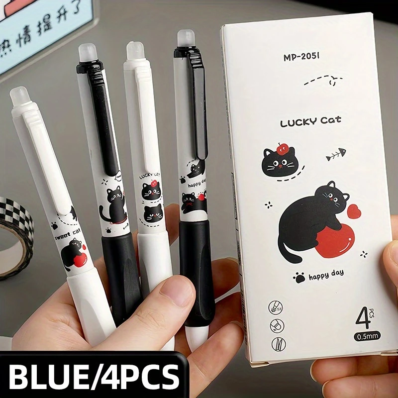 4-Pack Erasable Gel Pens Set – 0.5mm Fine Point, Blue Ink, Quick-Drying & Smooth, Cute Cat for Office, School, Journaling, Test