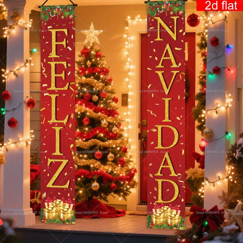Spanish Merry Christmas Banners New Year Xmas Party Decor Couplets Porch Signs for Indoor Outdoor Porch Wall Hanging Banners