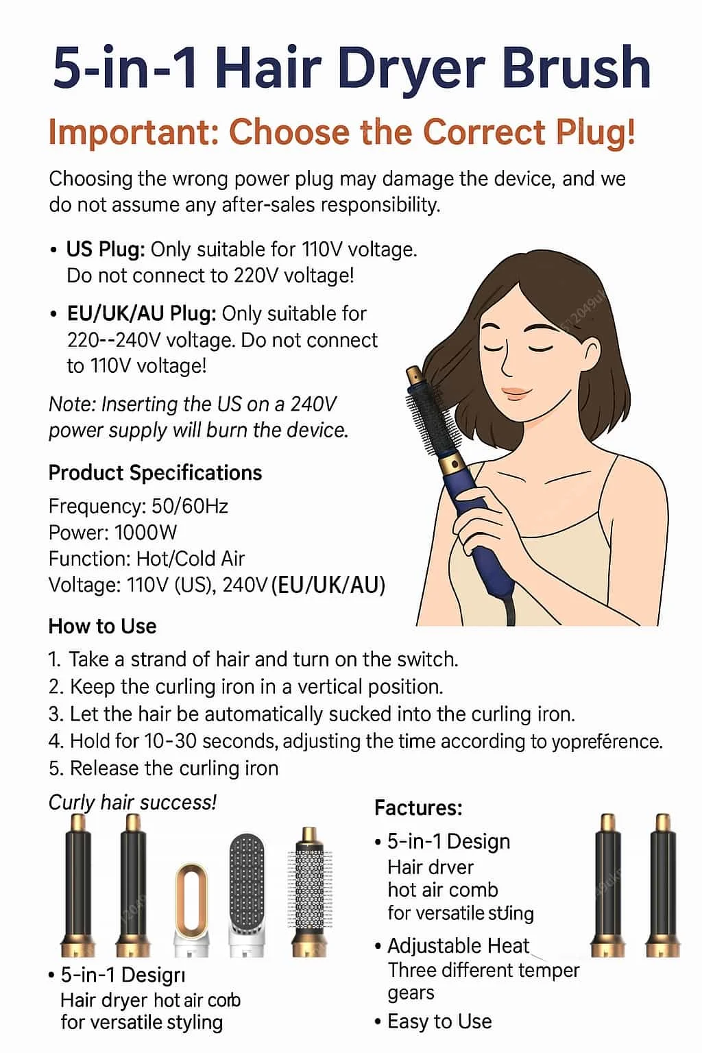 10 5 In 1 Hair Dryer Hot Air Comb Brush With Curling Iron Hair Straightener For Salon Style Curling Straightening And Volumizing