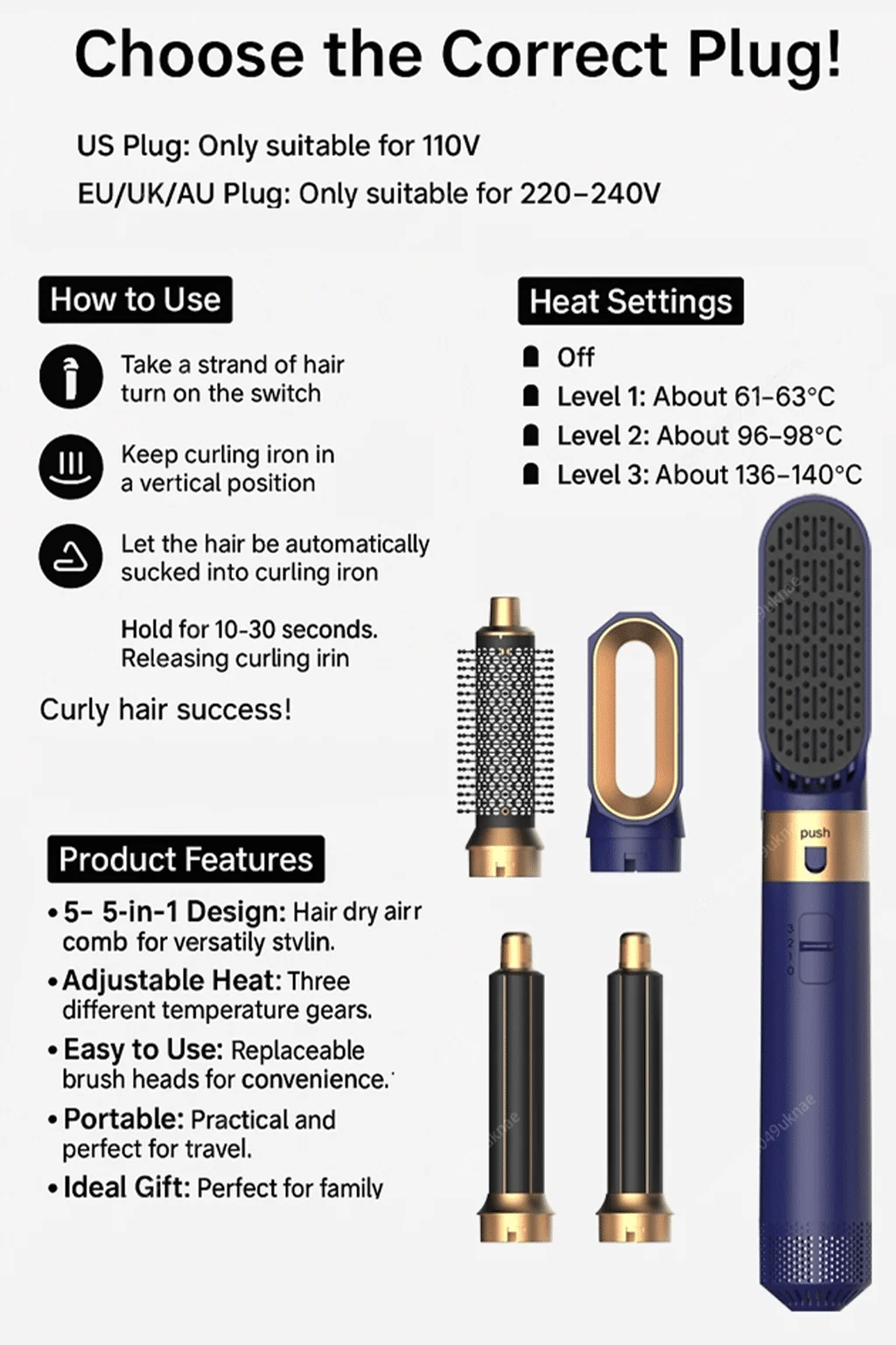 10 5 In 1 Hair Dryer Hot Air Comb Brush With Curling Iron Hair Straightener For Salon Style Curling Straightening And Volumizing