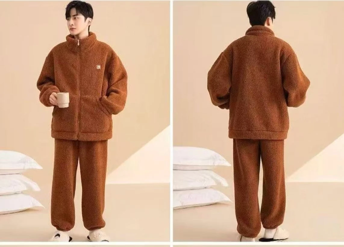 Winter Men's Pajamas Coral Fleece Comfortable Casual Indoor Home Wear Thickened Zipper Thermal Cardigan Pajamas 2 Piece Sets
