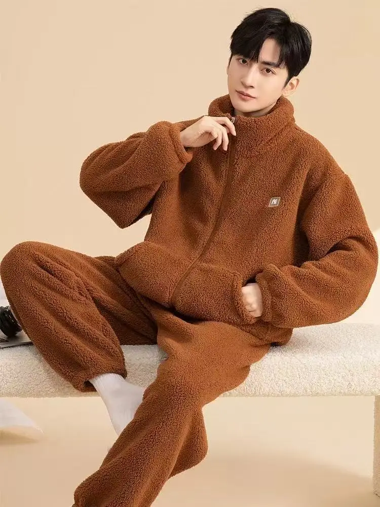 Winter Men's Pajamas Coral Fleece Comfortable Casual Indoor Home Wear Thickened Zipper Thermal Cardigan Pajamas 2 Piece Sets