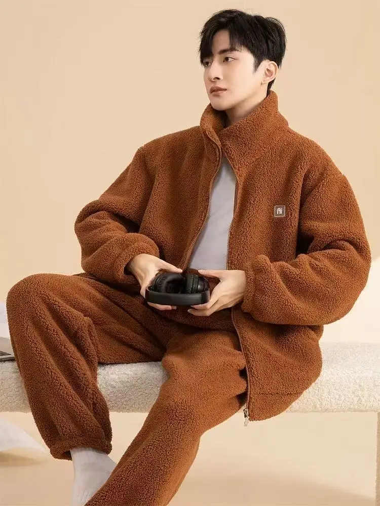 Winter Men's Pajamas Coral Fleece Comfortable Casual Indoor Home Wear Thickened Zipper Thermal Cardigan Pajamas 2 Piece Sets