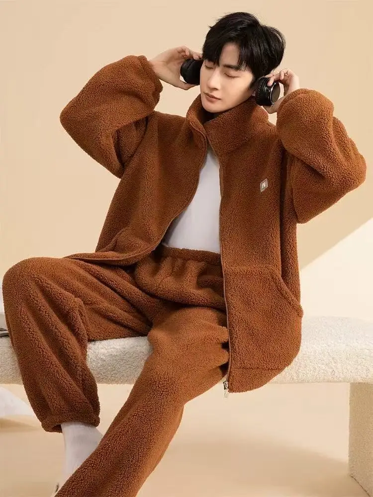 Winter Men's Pajamas Coral Fleece Comfortable Casual Indoor Home Wear Thickened Zipper Thermal Cardigan Pajamas 2 Piece Sets