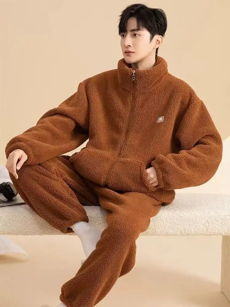 Winter Men's Pajamas Coral Fleece Comfortable Casual Indoor Home Wear Thickened Zipper Thermal Cardigan Pajamas 2 Piece Sets