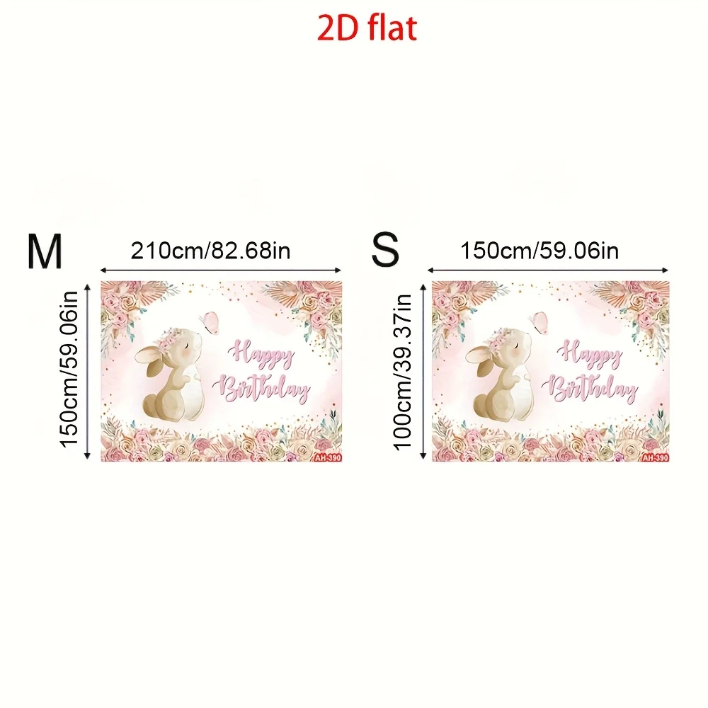 2D Flat, 1 Flower Rabbit Girl Birthday Background - Watercolor Bohemian Flower and Easter Rabbit Design