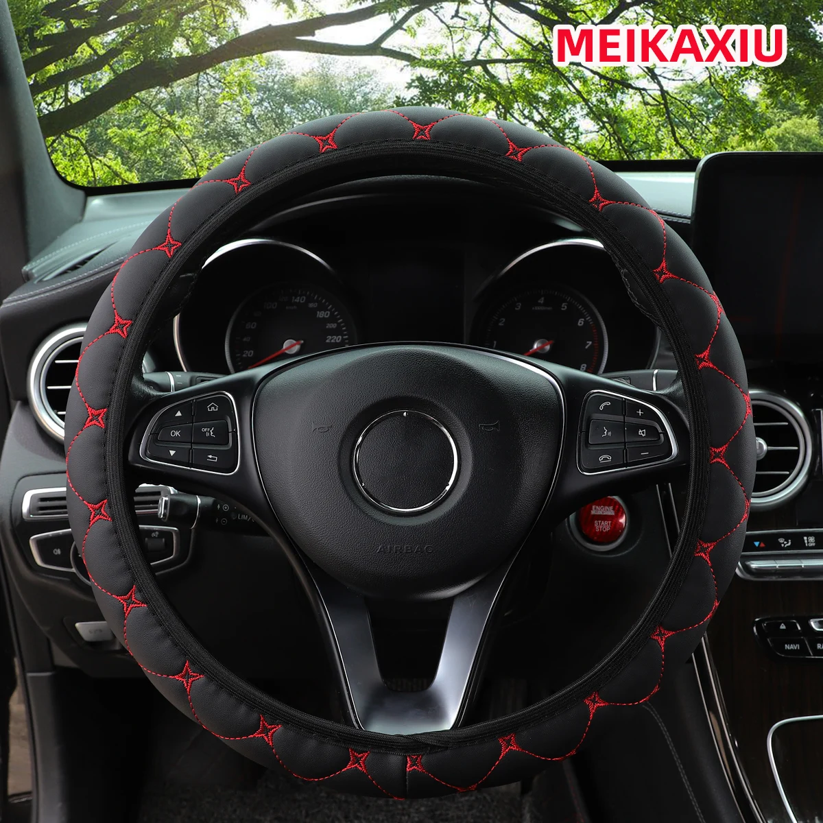 PU leather embroidered star pattern checkered car rimless steering wheel cover for car interior accessories suitable for all sea