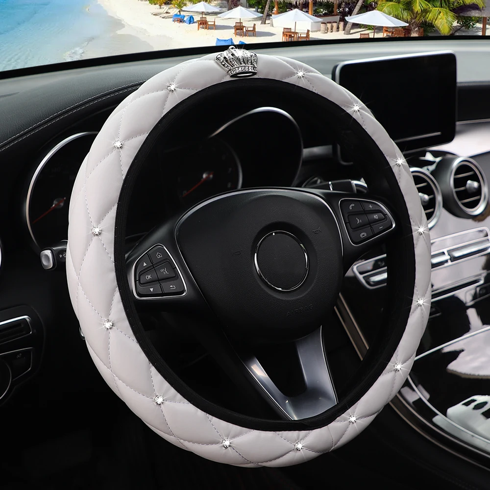 Soft Leather Diamond-Studded Crown Blingbling Car Without Inner Ring Steering Wheel Cover Suitable for 14.5 - 15 Inch Car Access