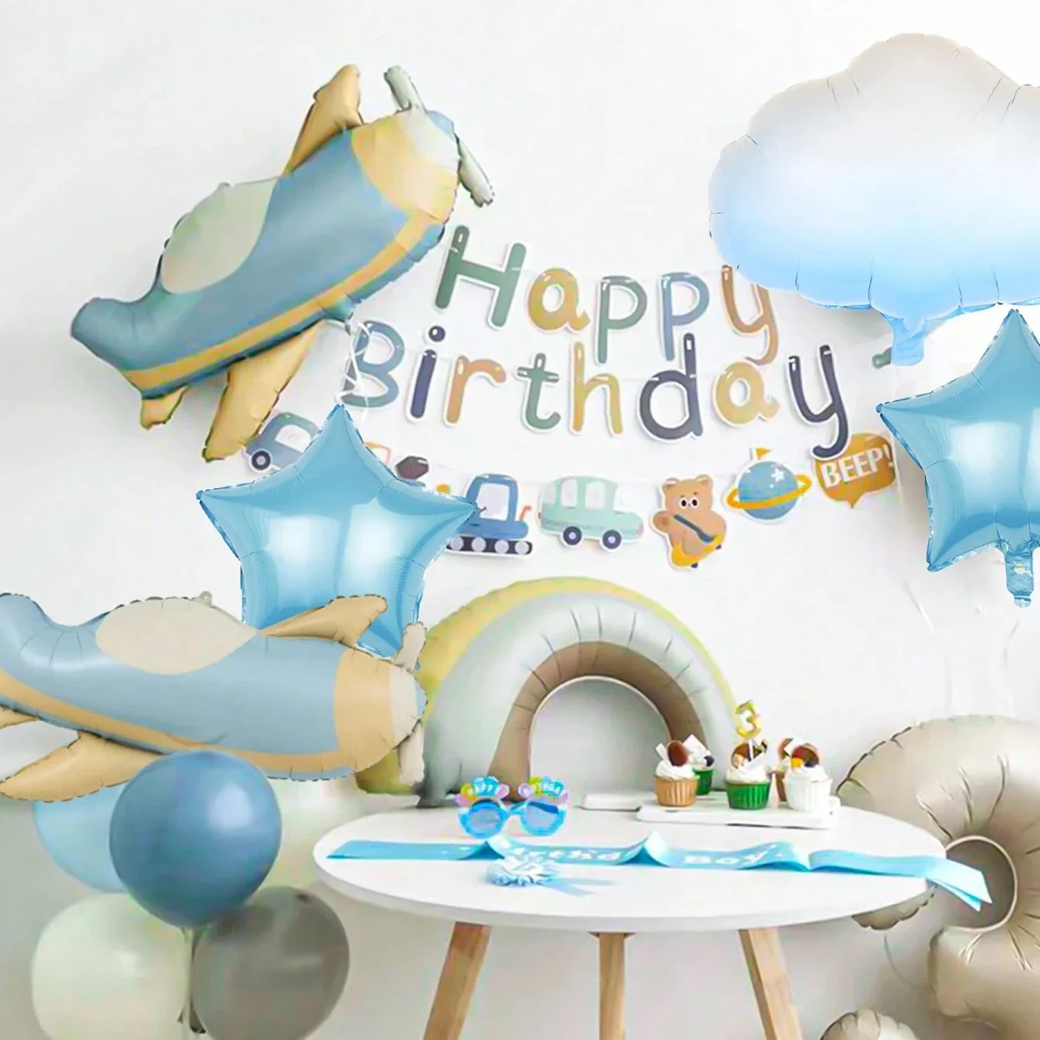 6pcs Matte Airplane Balloon Set, Airplane, White Cloud, Star Balloons, R Birthday Party, Adventure Theme Party Decorations