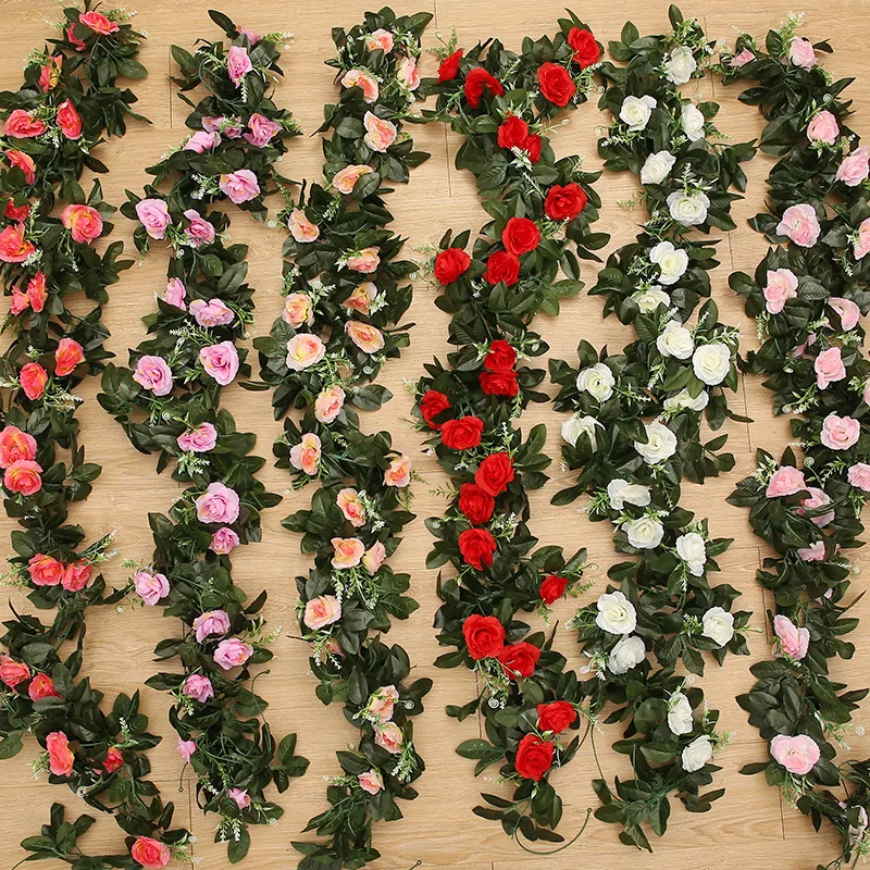 1/2PCS Silk Artificial Rose Vine Hanging Flowers Wall Festival Rattan Fake Plant Leaves Garland Romantic Wedding Home Decoration