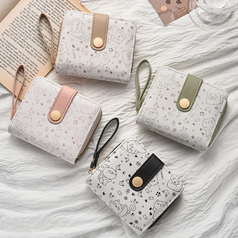 1pc Everyday Playful Cat Mini Wallet - Compact Zipper Multi-Card Holder with Wrist Strap, Lightweight Gift for Women/Teachers