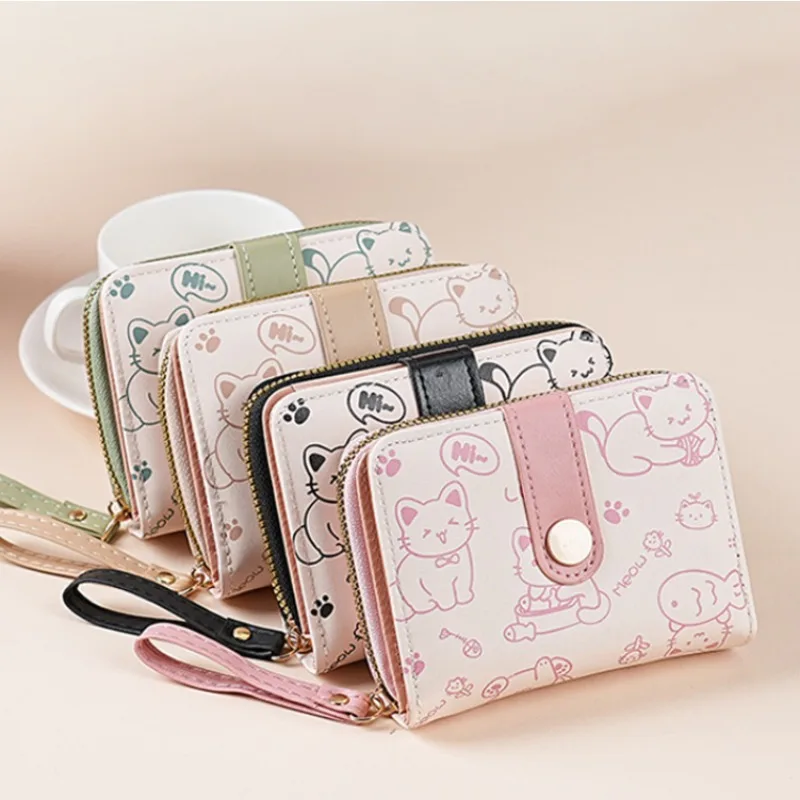 1pc Everyday Playful Cat Mini Wallet - Compact Zipper Multi-Card Holder with Wrist Strap, Lightweight Gift for Women/Teachers