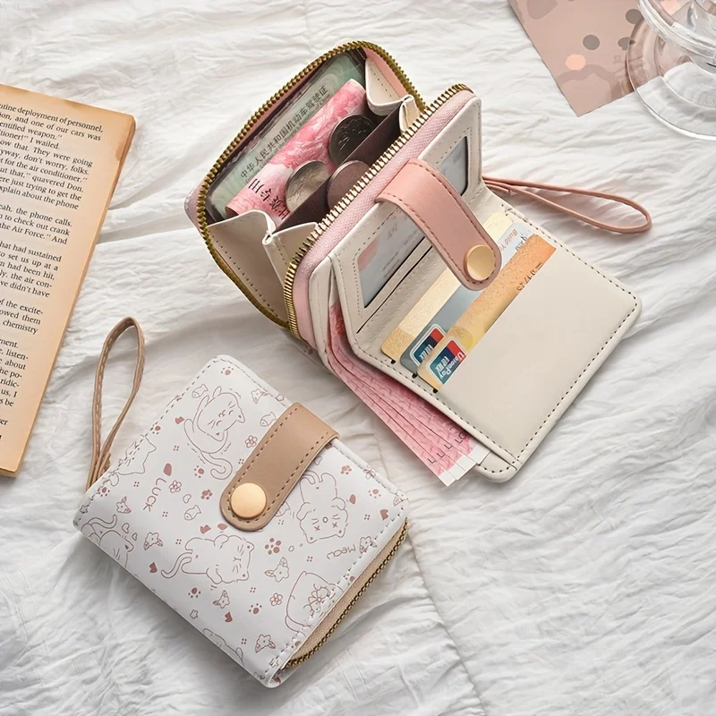 1pc Everyday Playful Cat Mini Wallet - Compact Zipper Multi-Card Holder with Wrist Strap, Lightweight Gift for Women/Teachers