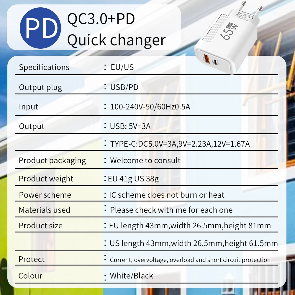 GaN 65W Dual Ports Charger 2 In 1 EU/US Plug USB Type C QC3.0 Charger Fast Charging Wall Charger Quick Charging Power Adapters