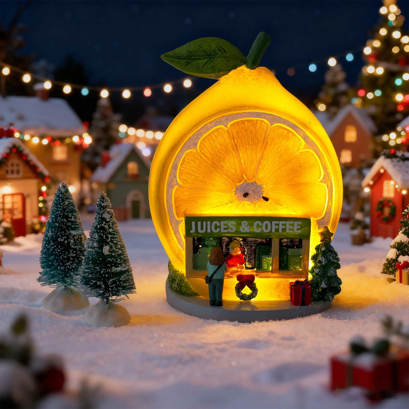 Christmas Lemon Juice & Coffee Shop Ornament, LED Light-Up Holiday Collectible Figurine, Snowy Village Christmas Decorations