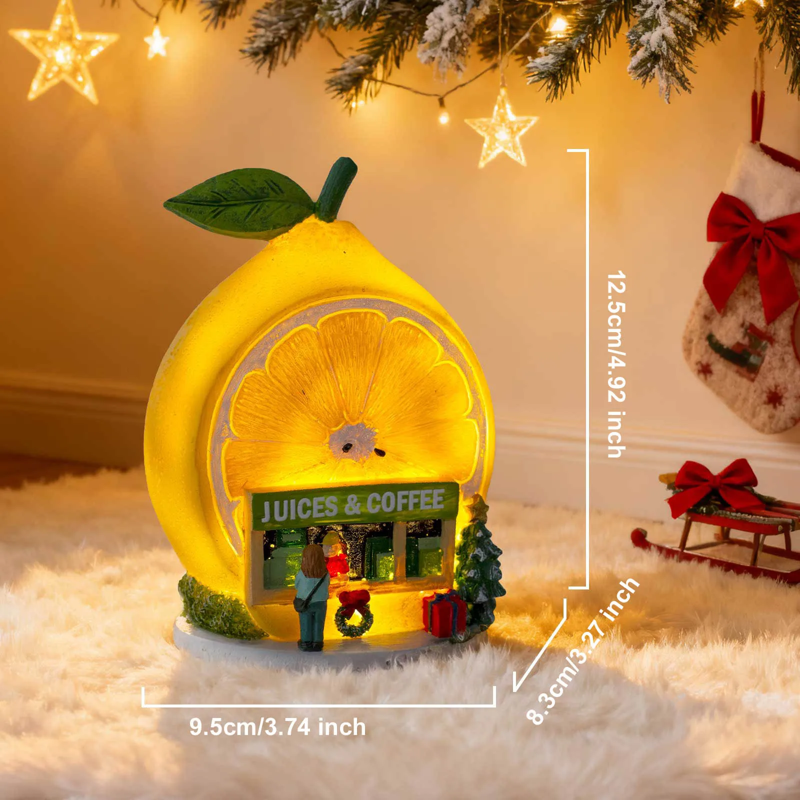 Christmas Lemon Juice & Coffee Shop Ornament, LED Light-Up Holiday Collectible Figurine, Snowy Village Christmas Decorations