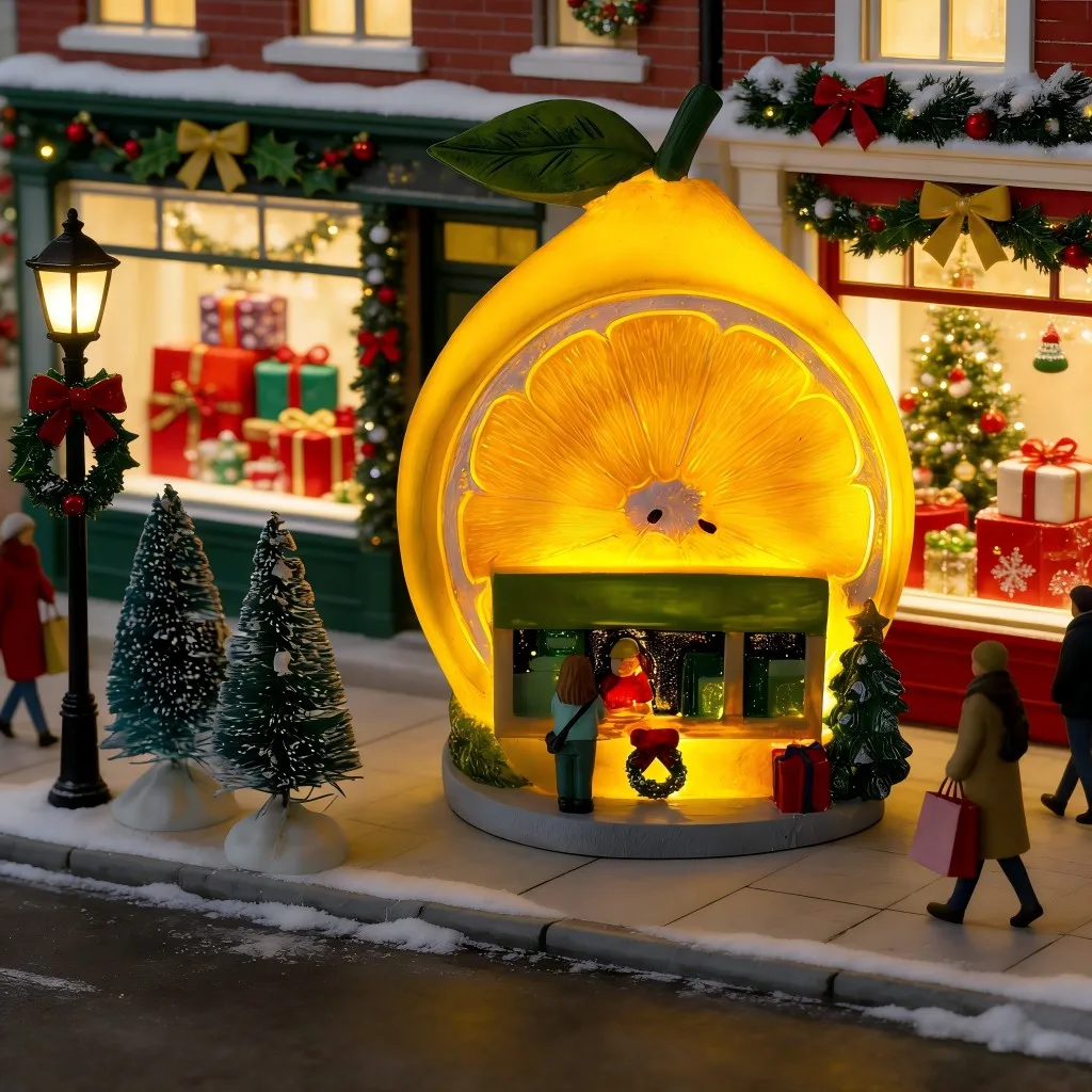 Christmas Lemon Juice & Coffee Shop Ornament, LED Light-Up Holiday Collectible Figurine, Snowy Village Christmas Decorations