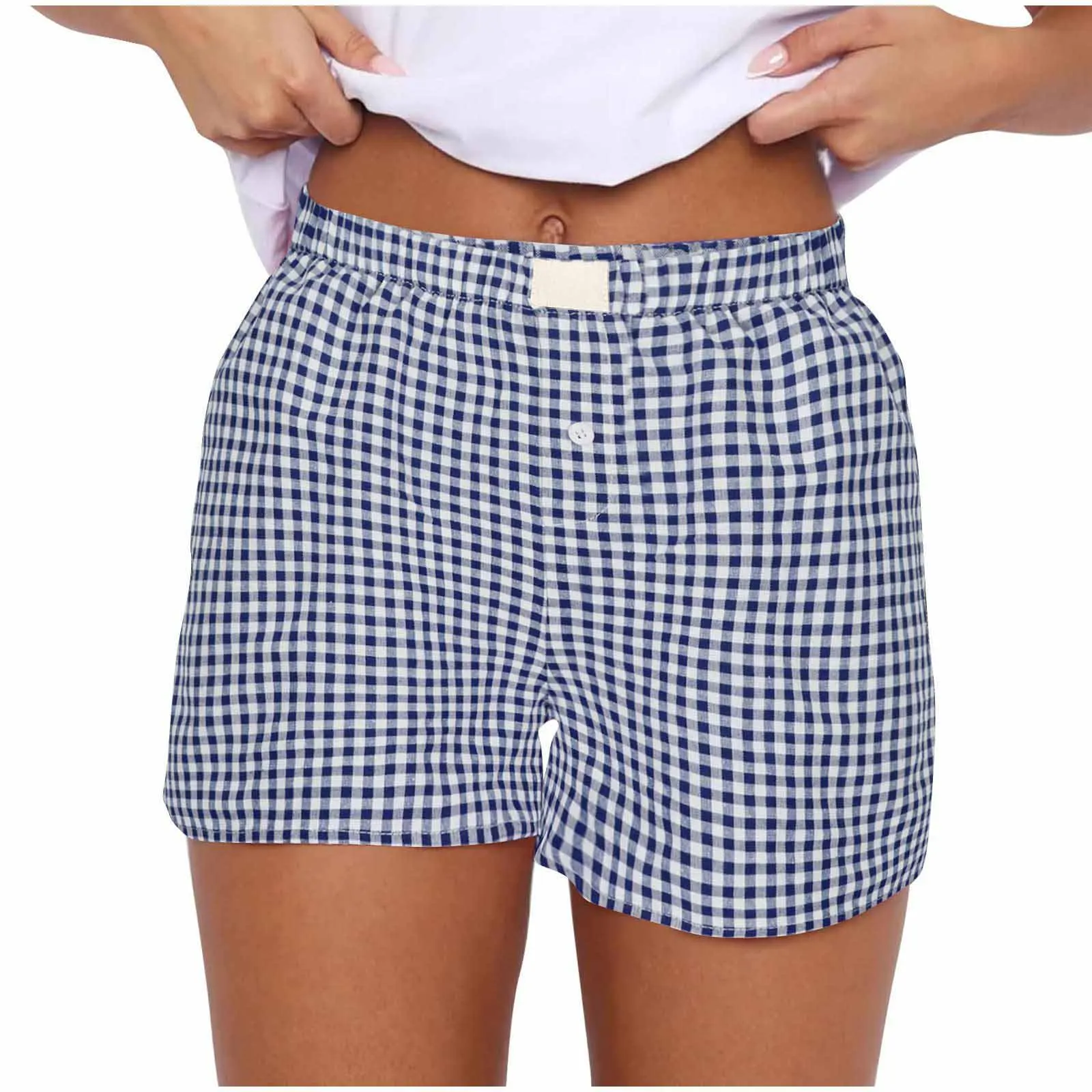 Youthful Summer Women's Casual Plaid Shorts Teenage Girls Elastic Waistband Lace-Up Classic Versatile Fashionable Summer Shorts