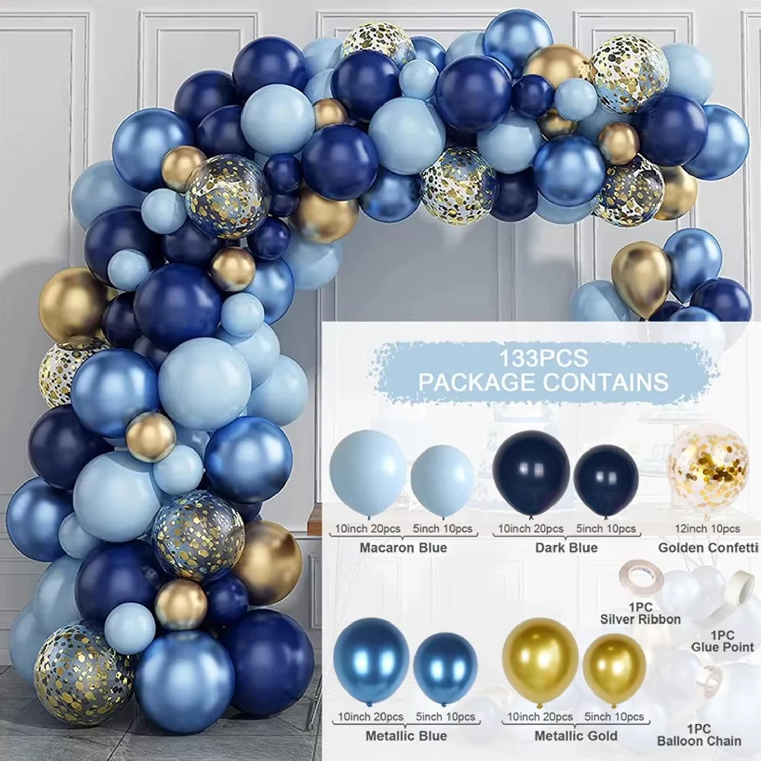 Blue Metallic Balloons Garland Kit Gold Confetti Balloon Arch Birthday Party Decoration Kids Wedding Birthday Baby Shower Boy