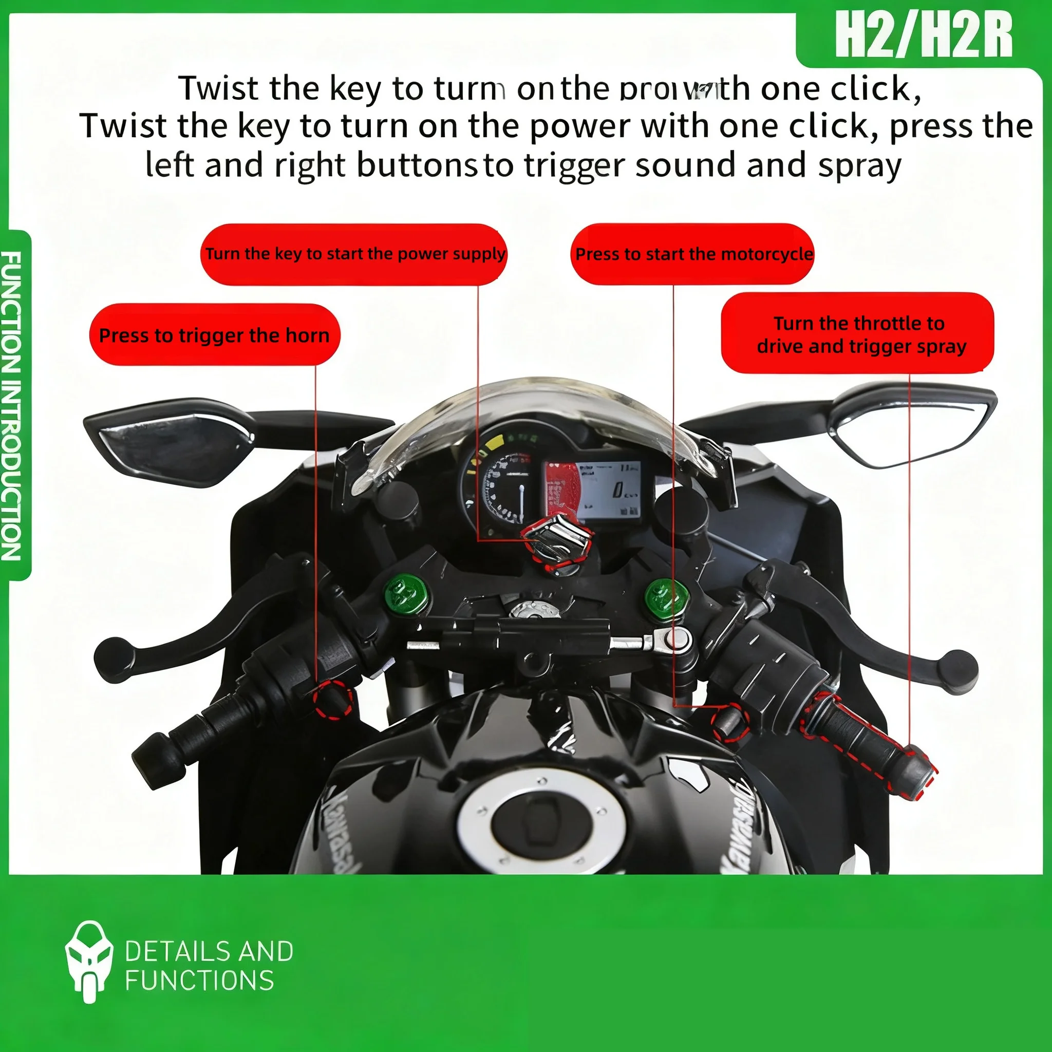1:9 Kawasaki H2R Ninja With Spray Alloy Motorcycle Model Toy Vehicle Collection Sound and Light Off Road Autocycle Toys Car