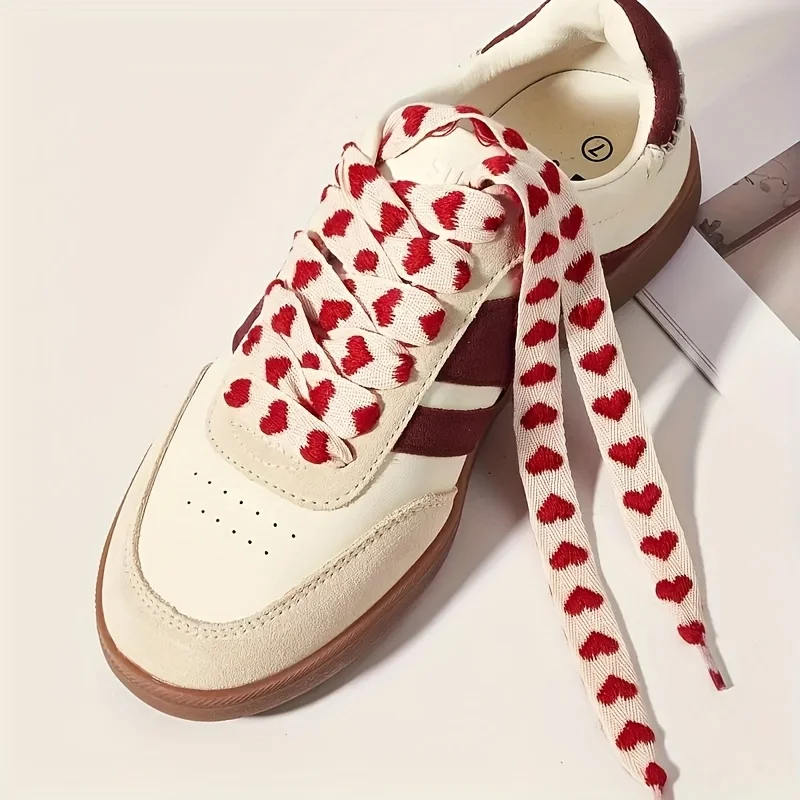 Fashion Red Heart Flat Shoelaces - Durable Acetate, for Sports/Casual Shoes, Easy-Tie Design