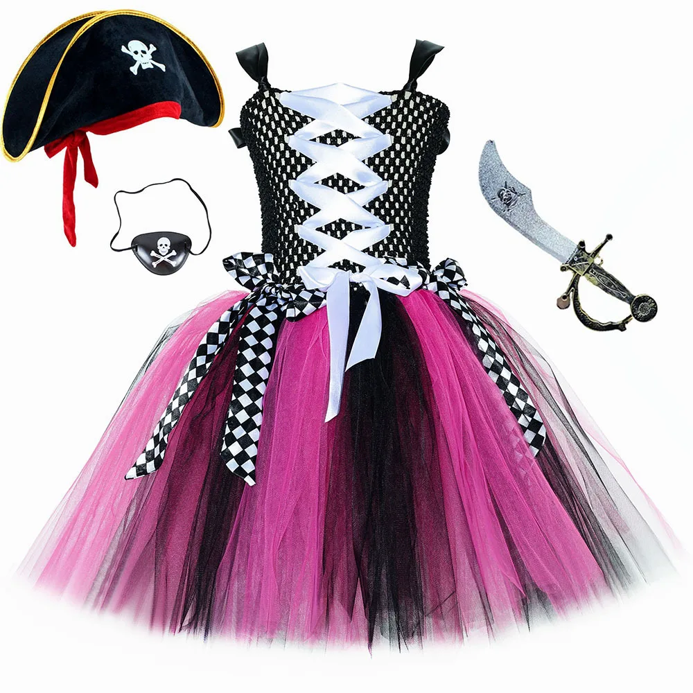 Girls for Hot Pink Black Pirate Costumes Captain Pirate Tutu Dress with Eyes Patch Head Bandana Kids Carnival Halloween Outfits