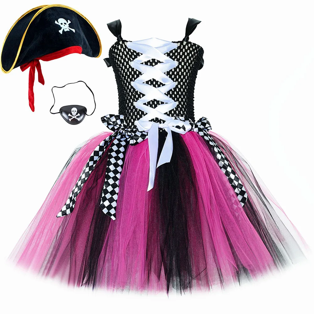 Girls for Hot Pink Black Pirate Costumes Captain Pirate Tutu Dress with Eyes Patch Head Bandana Kids Carnival Halloween Outfits