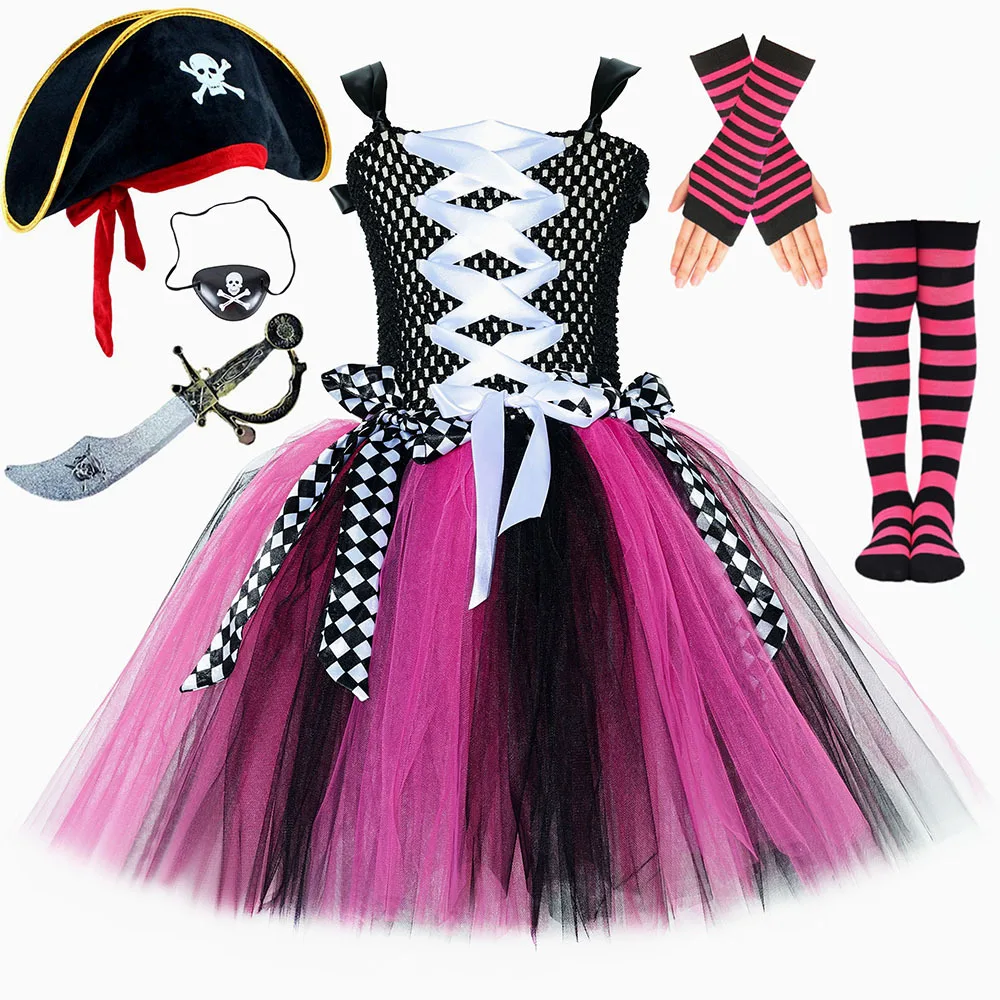 Girls for Hot Pink Black Pirate Costumes Captain Pirate Tutu Dress with Eyes Patch Head Bandana Kids Carnival Halloween Outfits