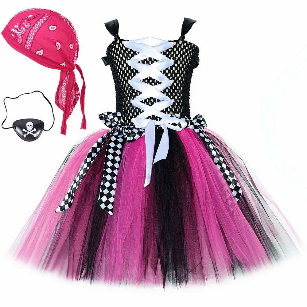 Girls for Hot Pink Black Pirate Costumes Captain Pirate Tutu Dress with Eyes Patch Head Bandana Kids Carnival Halloween Outfits