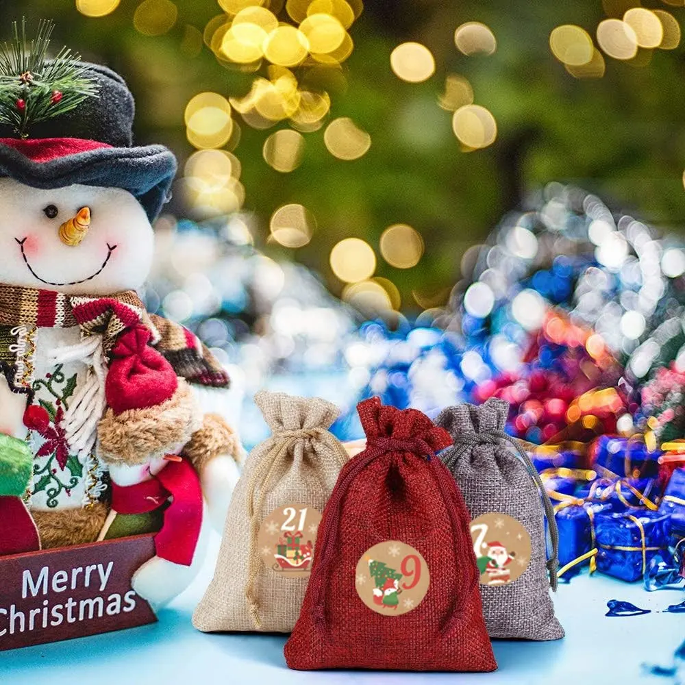 3/6/25/52pcs Multi Color Party Drawstring Gift Bag and 1-24 Round Label with Clip and Hemp Rope, Christmas Calendar Countdown
