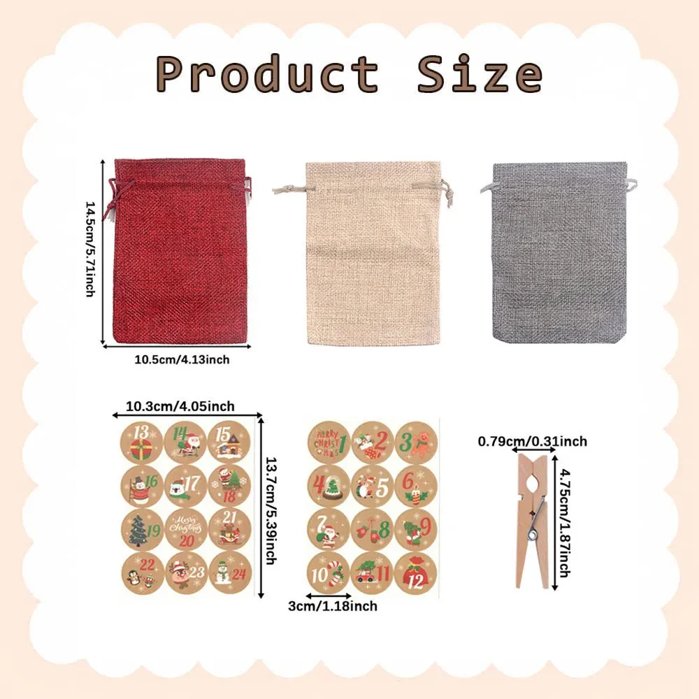 3/6/25/52pcs Multi Color Party Drawstring Gift Bag and 1-24 Round Label with Clip and Hemp Rope, Christmas Calendar Countdown