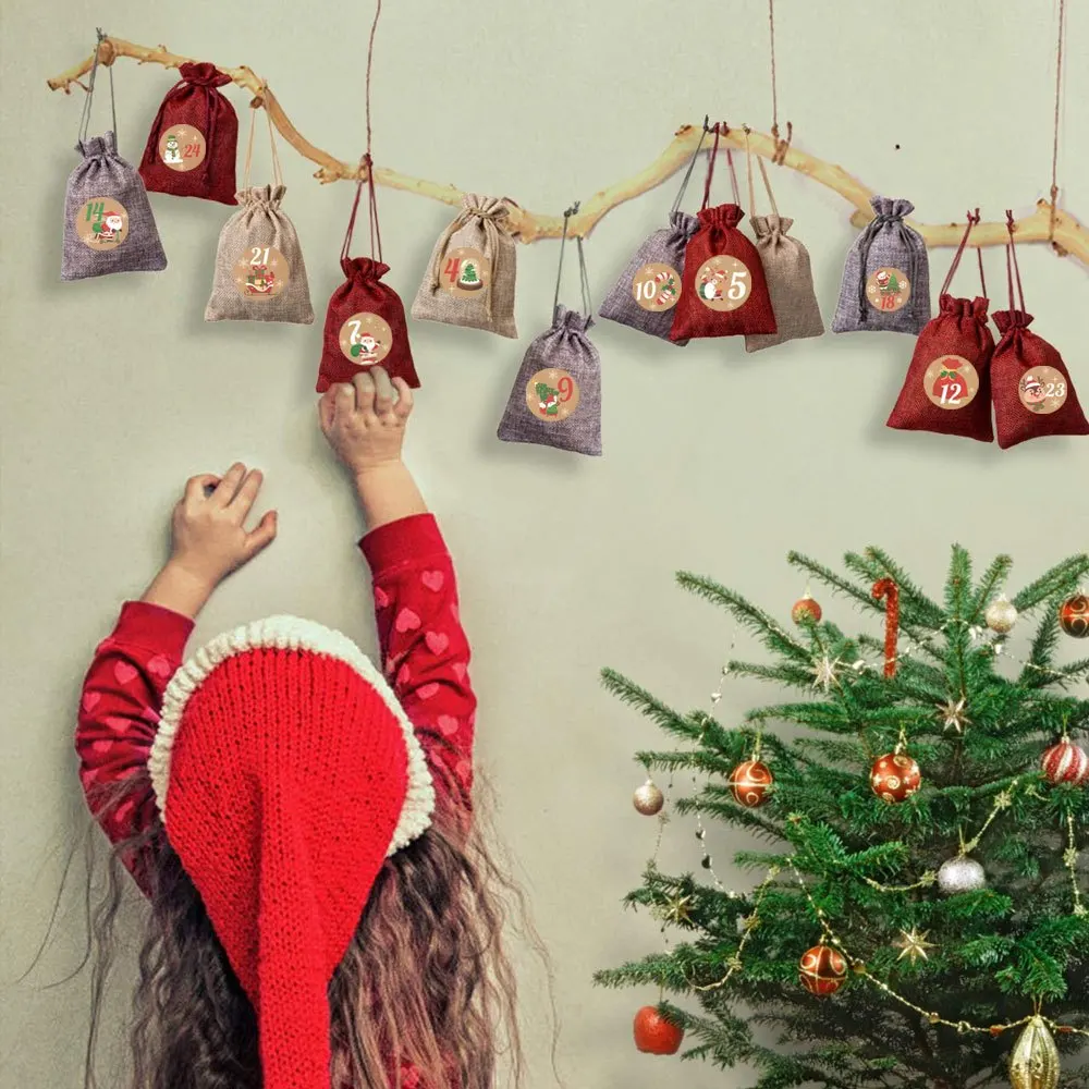 3/6/25/52pcs Multi Color Party Drawstring Gift Bag and 1-24 Round Label with Clip and Hemp Rope, Christmas Calendar Countdown