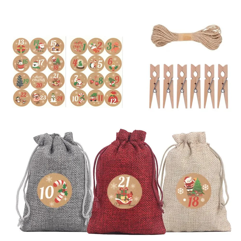3/6/25/52pcs Multi Color Party Drawstring Gift Bag and 1-24 Round Label with Clip and Hemp Rope, Christmas Calendar Countdown