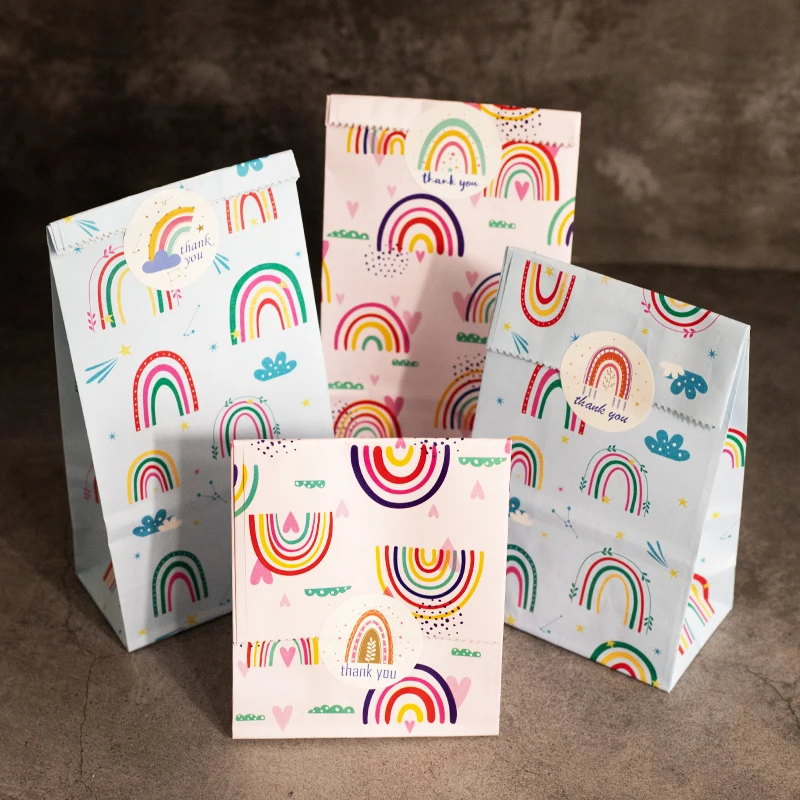 24Set Rainbow Paper Gift Bags Pink Blue Party Favor Bags with Thank You Stickers Candy Treat Bag for Birthday Wedding Decoration