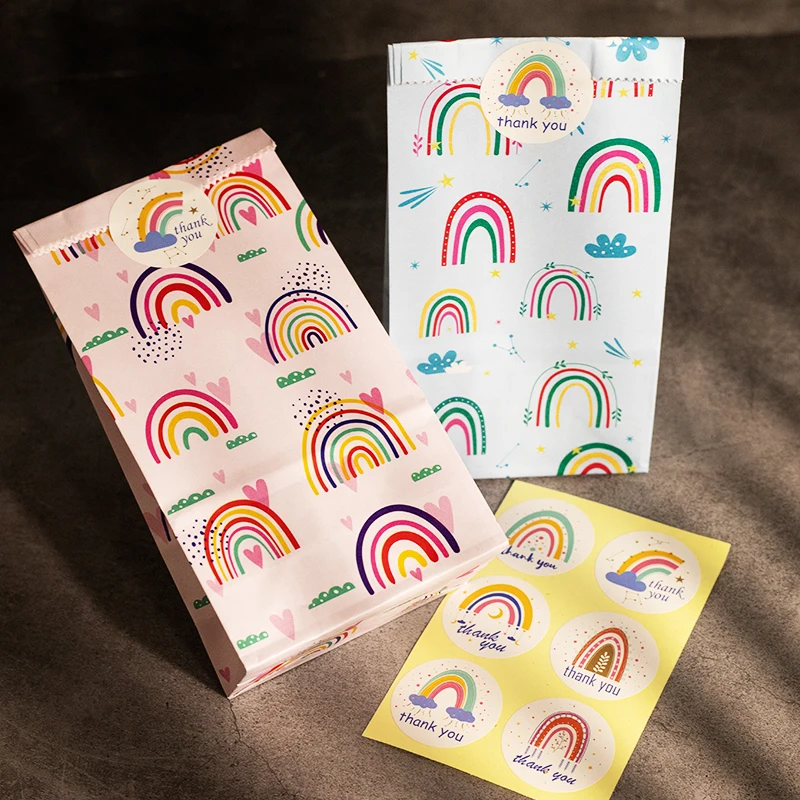 24Set Rainbow Paper Gift Bags Pink Blue Party Favor Bags with Thank You Stickers Candy Treat Bag for Birthday Wedding Decoration
