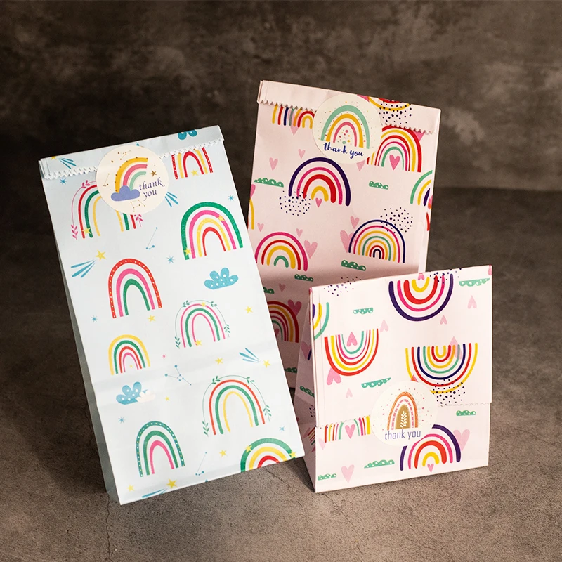 24Set Rainbow Paper Gift Bags Pink Blue Party Favor Bags with Thank You Stickers Candy Treat Bag for Birthday Wedding Decoration