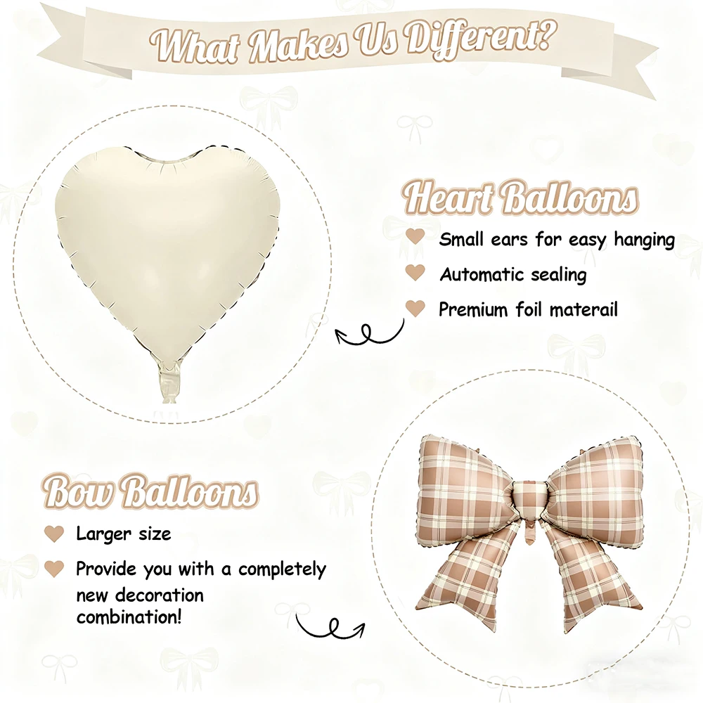 10Pcs 18" Sand White Apricot Heart Balloons 38" Cream Bow Foil Balloon Set - Birthday Baby Shower Valentine Wedding Party Decora
