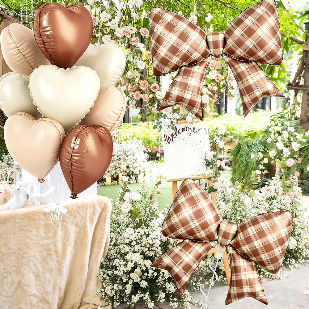 10Pcs 18" Sand White Apricot Heart Balloons 38" Cream Bow Foil Balloon Set - Birthday Baby Shower Valentine Wedding Party Decora
