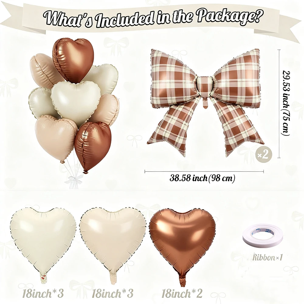 10Pcs 18" Sand White Apricot Heart Balloons 38" Cream Bow Foil Balloon Set - Birthday Baby Shower Valentine Wedding Party Decora