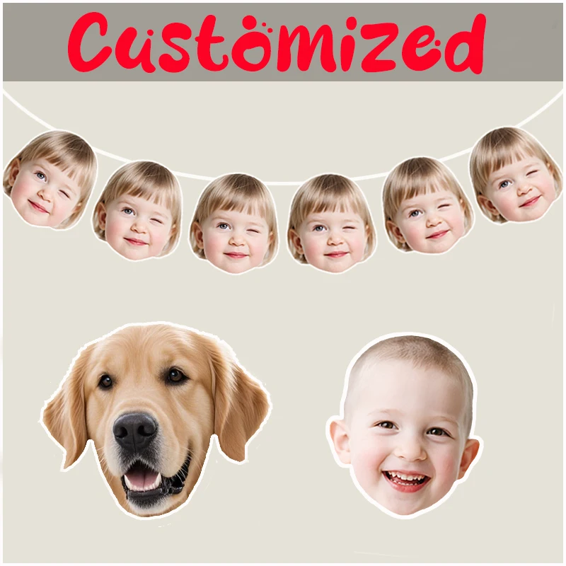 Customized Personalized Face Sticker Birthday Wedding DIY Decor Paper Cake Toppers Banner Cute Pet Custom Stickers Pendant