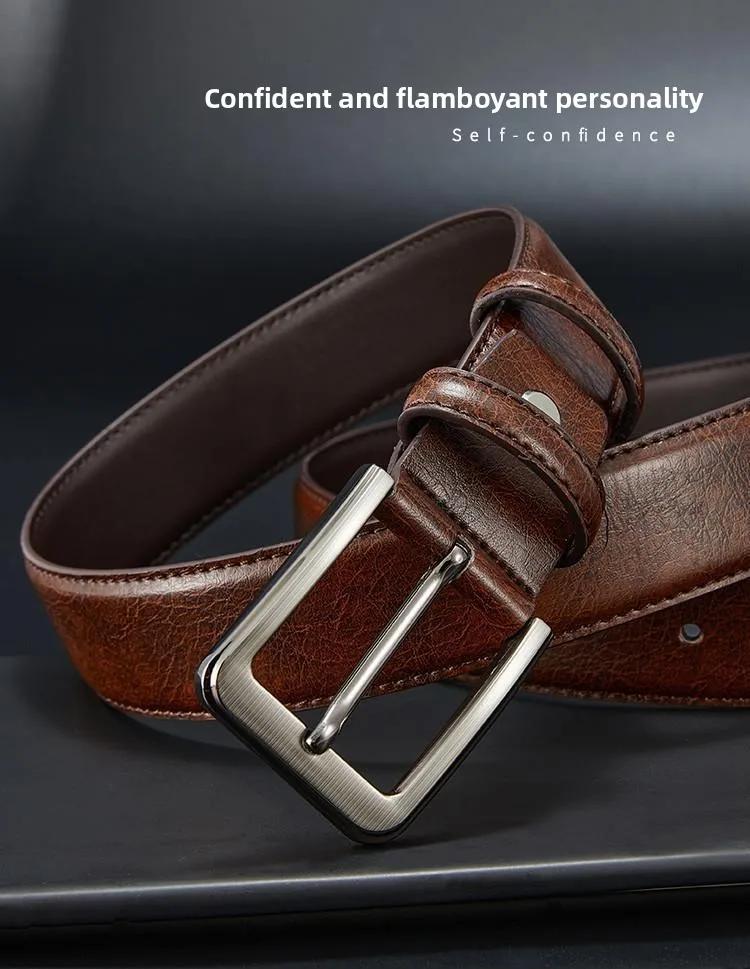 Men's Belt Boys Genuine Leather Belt Pin Buckle Belt Brown Middle-aged Youth Casual Trendy Men's Belt，Ideal for Gifting