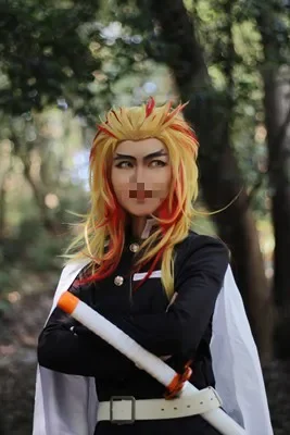 Rengoku Kyoujurou Wig Kimetsu No Yaiba Cosplay Red Yellow Mixed Heat Resistant Synthetic Hair Role Play Halloween Costume Wigs