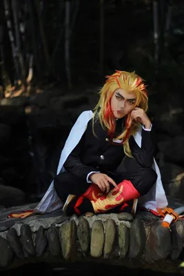 Rengoku Kyoujurou Wig Kimetsu No Yaiba Cosplay Red Yellow Mixed Heat Resistant Synthetic Hair Role Play Halloween Costume Wigs