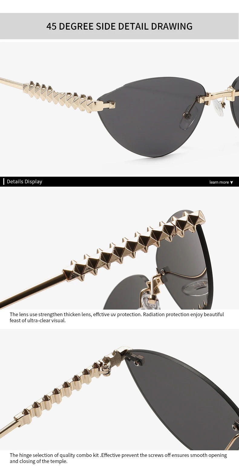 Cycling 1/2pcs Frameless Metal Cat Eye Fashion Sunglasses Triangle Rivets Personalized Women's Sunglasses Outdoor Travel Eyewear
