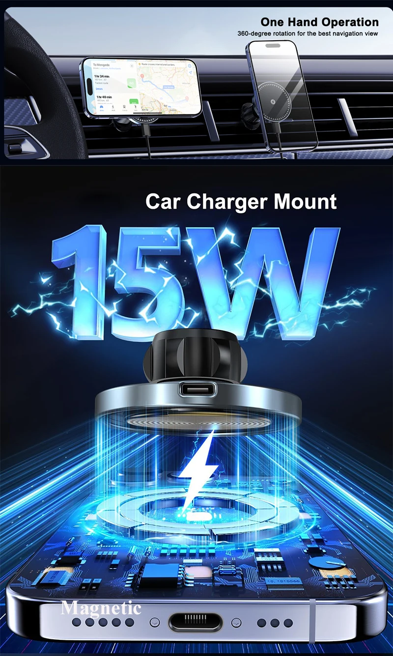 UYUXIO 15W Fast Charging Magnetic Wireless Car Charger Air Vent Car Mount Phone Holder for iPhone 17 16 15 14 13 Pro Max 12
